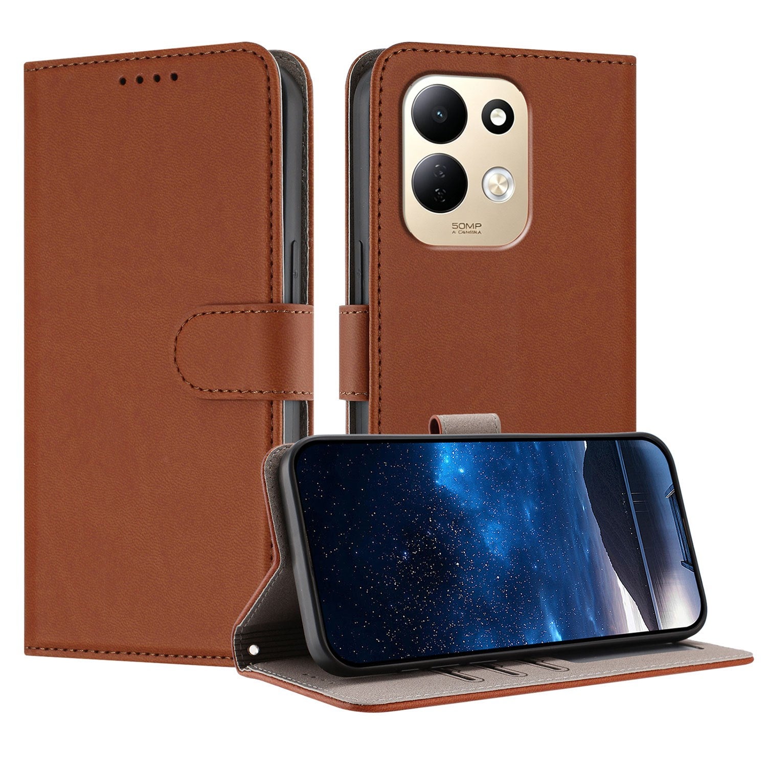 Xiaomi Redmi 17 (5G) / (4G) EIDERWOOD Kunstlæder Flip Cover m. Ståfunktion og Kortholder - Brun