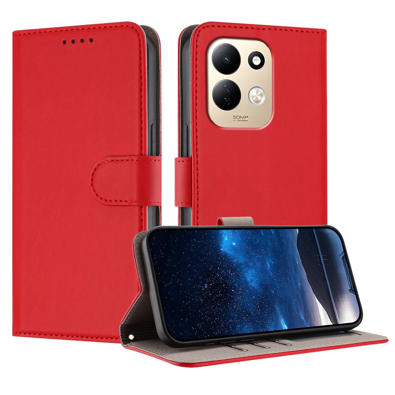 Xiaomi Redmi 17 (5G) / (4G) EIDERWOOD Kunstlæder Flip Cover m. Ståfunktion og Kortholder - Rød