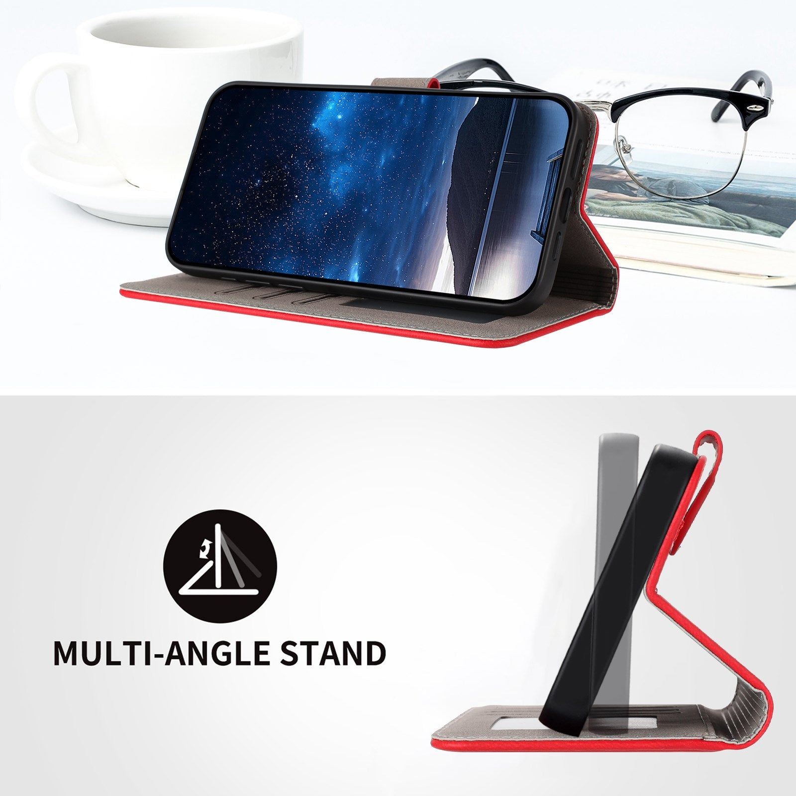 Xiaomi Redmi 17 (5G) / (4G) EIDERWOOD Kunstlæder Flip Cover m. Ståfunktion og Kortholder - Rød