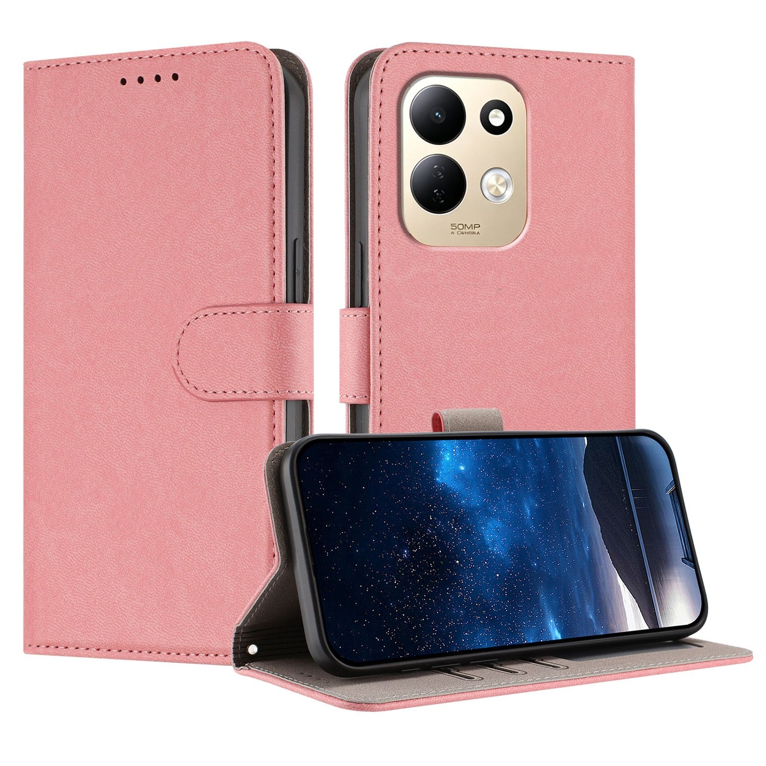 Xiaomi Redmi 17 (5G) / (4G) EIDERWOOD Kunstlæder Flip Cover m. Ståfunktion og Kortholder - Lyserød