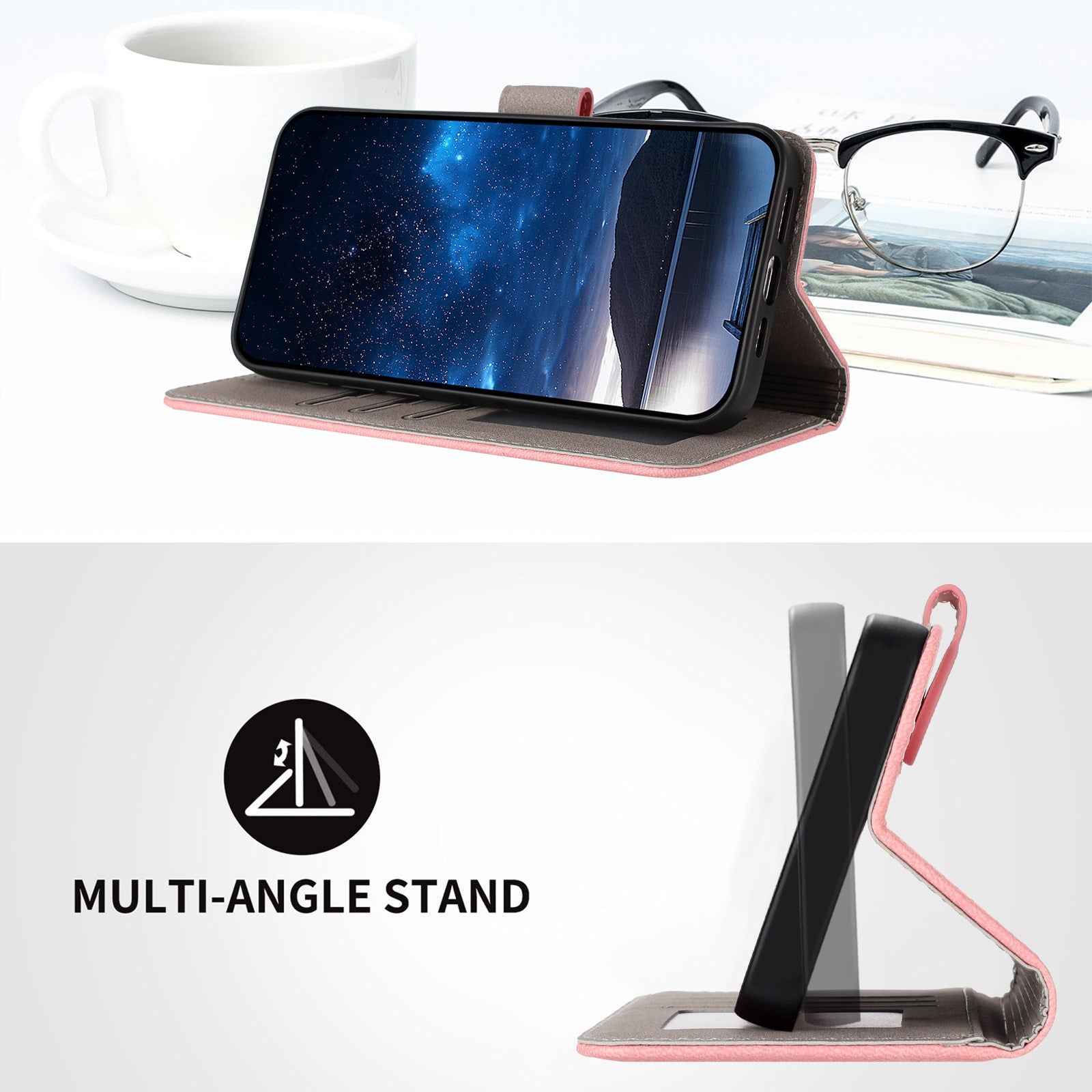 Xiaomi Redmi 17 (5G) / (4G) EIDERWOOD Kunstlæder Flip Cover m. Ståfunktion og Kortholder - Lyserød