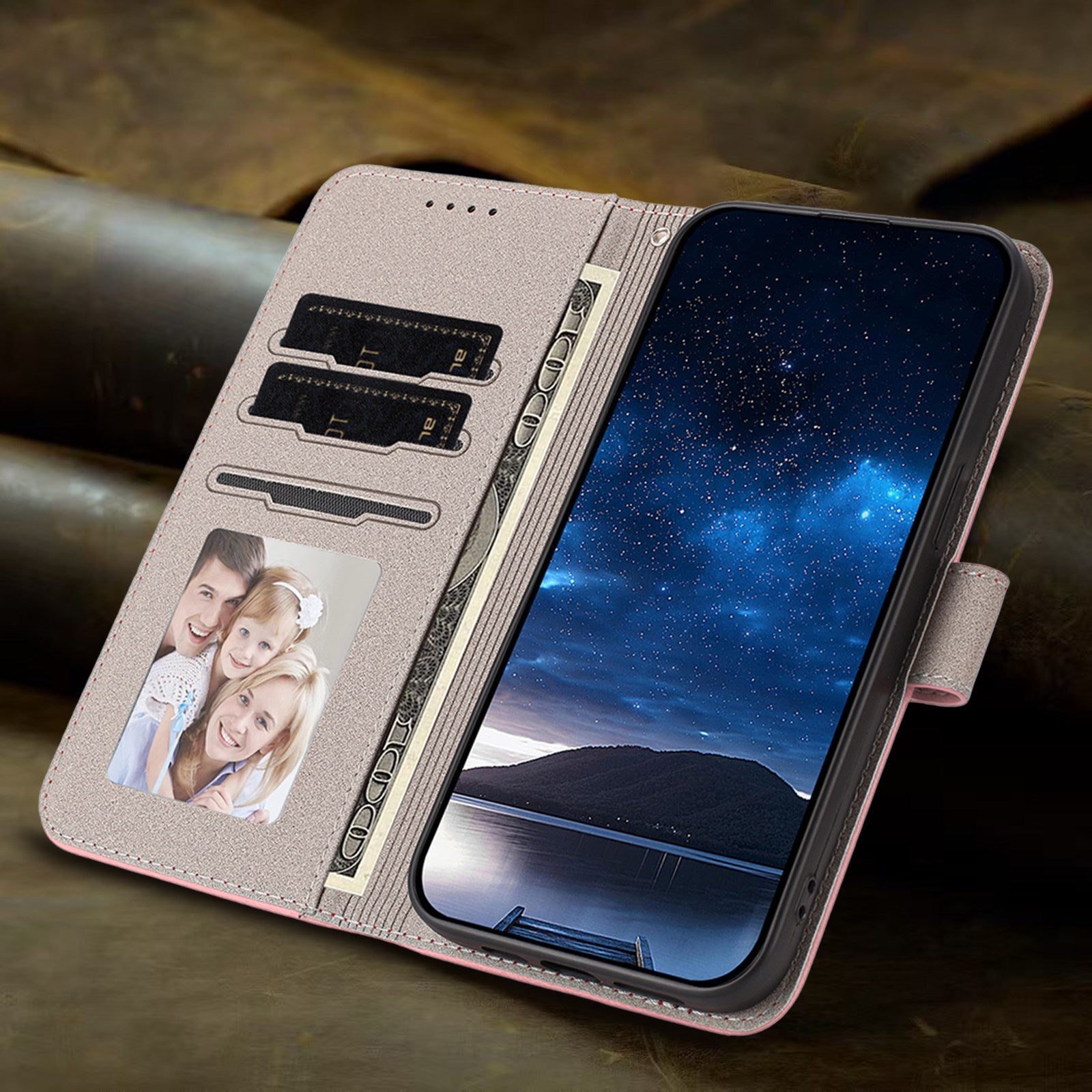 Xiaomi Redmi 17 (5G) / (4G) EIDERWOOD Kunstlæder Flip Cover m. Ståfunktion og Kortholder - Lyserød