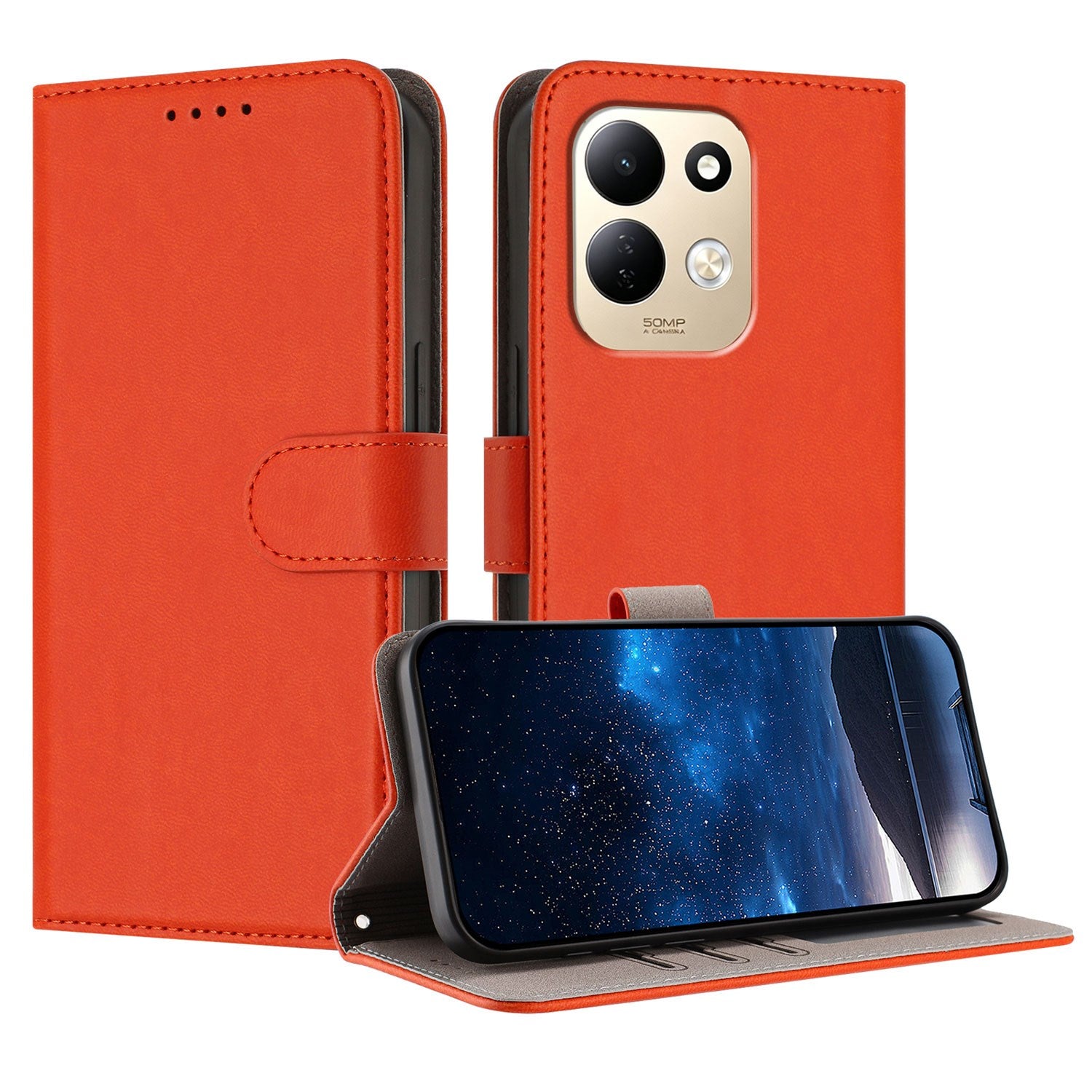 Xiaomi Redmi 17 (5G) / (4G) EIDERWOOD Kunstlæder Flip Cover m. Ståfunktion og Kortholder - Orange