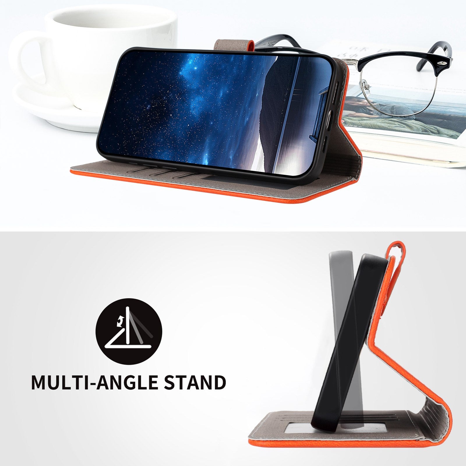 Xiaomi Redmi 17 (5G) / (4G) EIDERWOOD Kunstlæder Flip Cover m. Ståfunktion og Kortholder - Orange