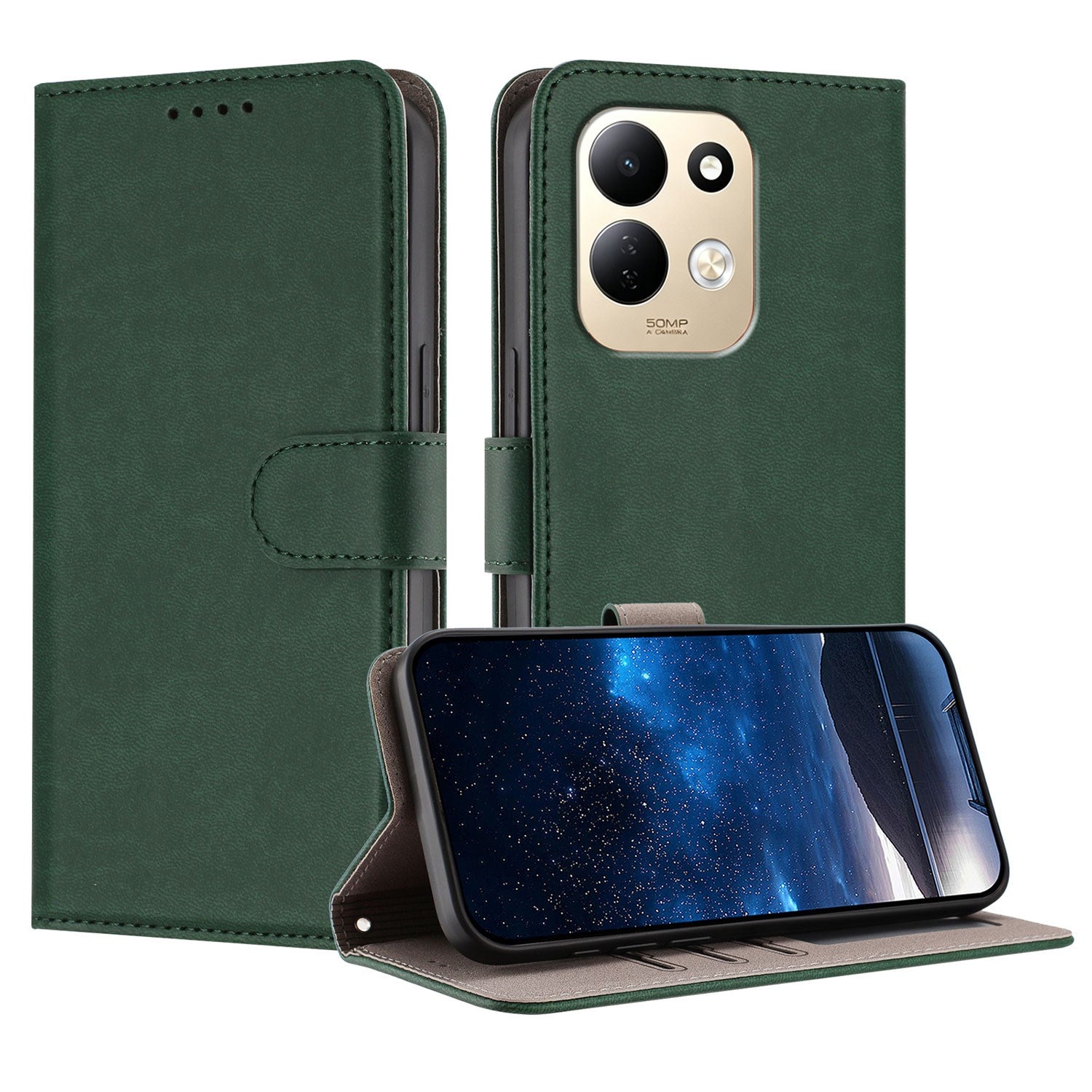 Xiaomi Redmi 17 (5G) / (4G) EIDERWOOD Kunstlæder Flip Cover m. Ståfunktion og Kortholder - Grøn