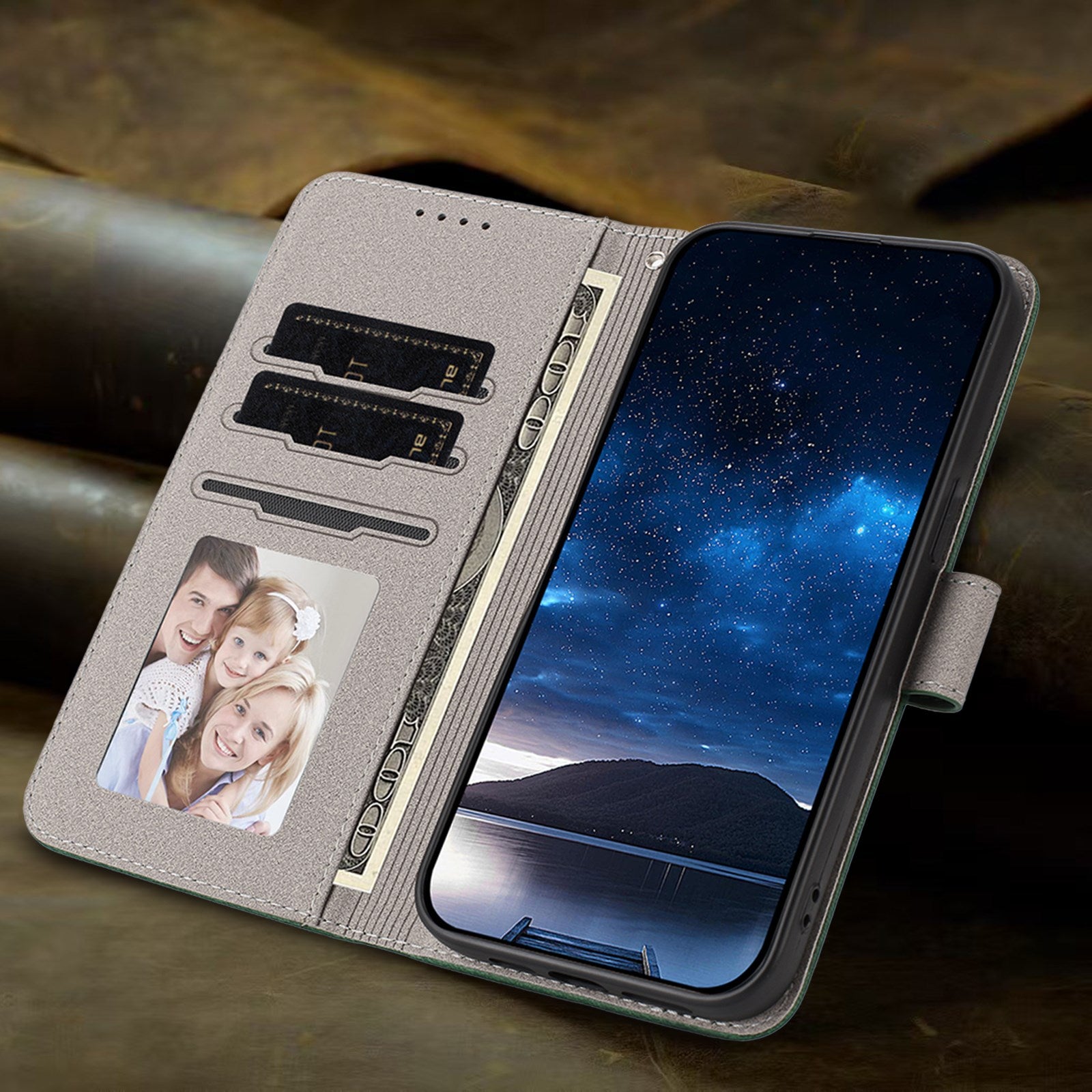 Xiaomi Redmi 17 (5G) / (4G) EIDERWOOD Kunstlæder Flip Cover m. Ståfunktion og Kortholder - Grøn