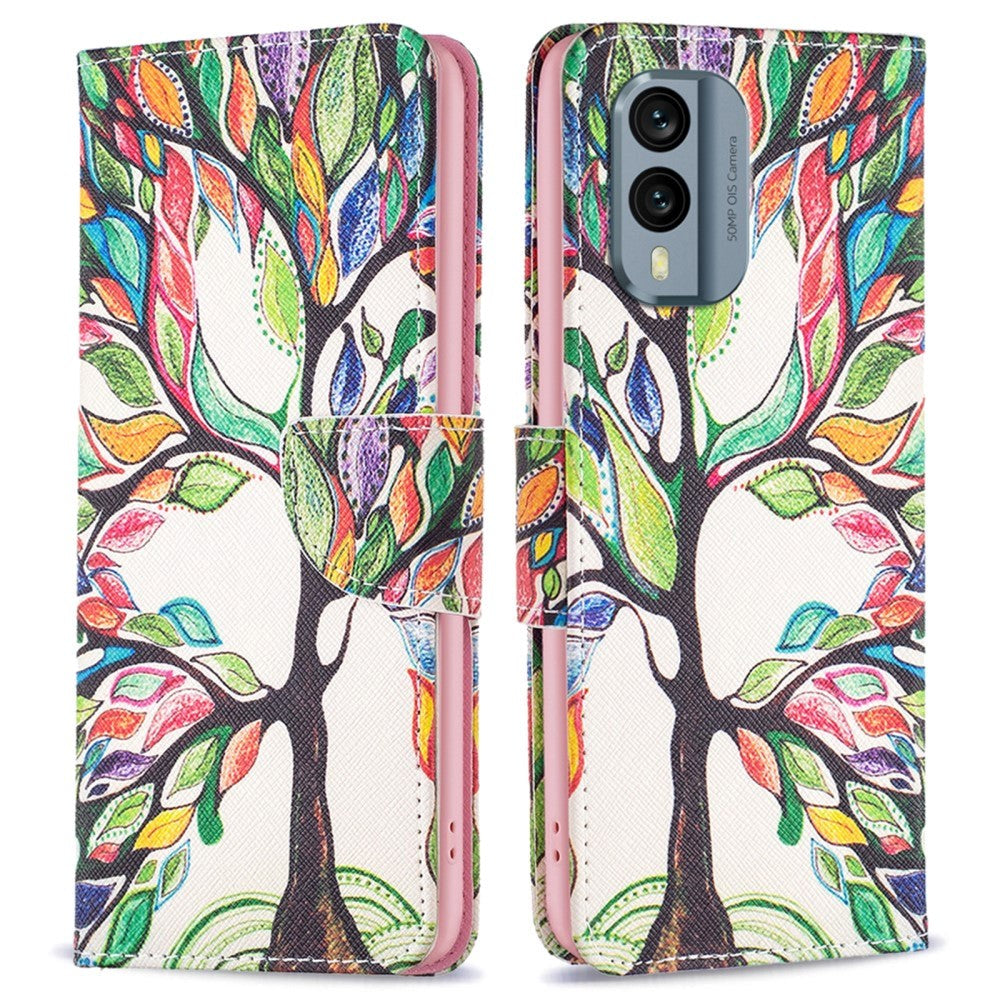 Nokia X30 Læder Cover m. Pung & Print - Farverigt Træ