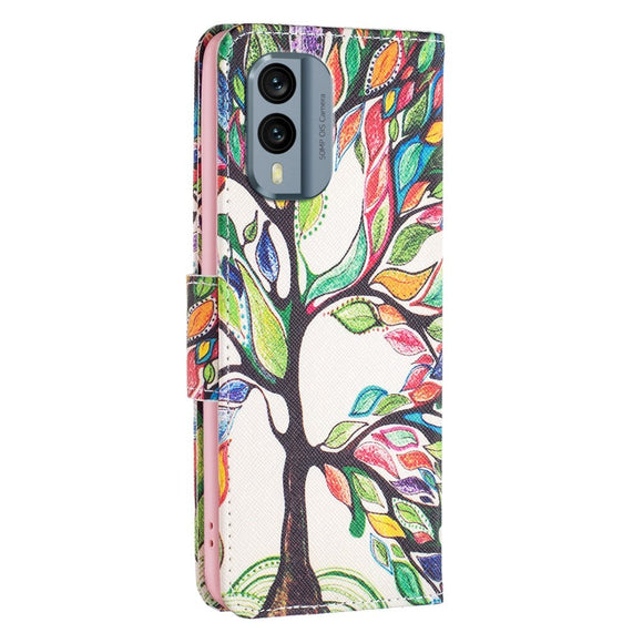 Nokia X30 Læder Cover m. Pung & Print - Farverigt Træ