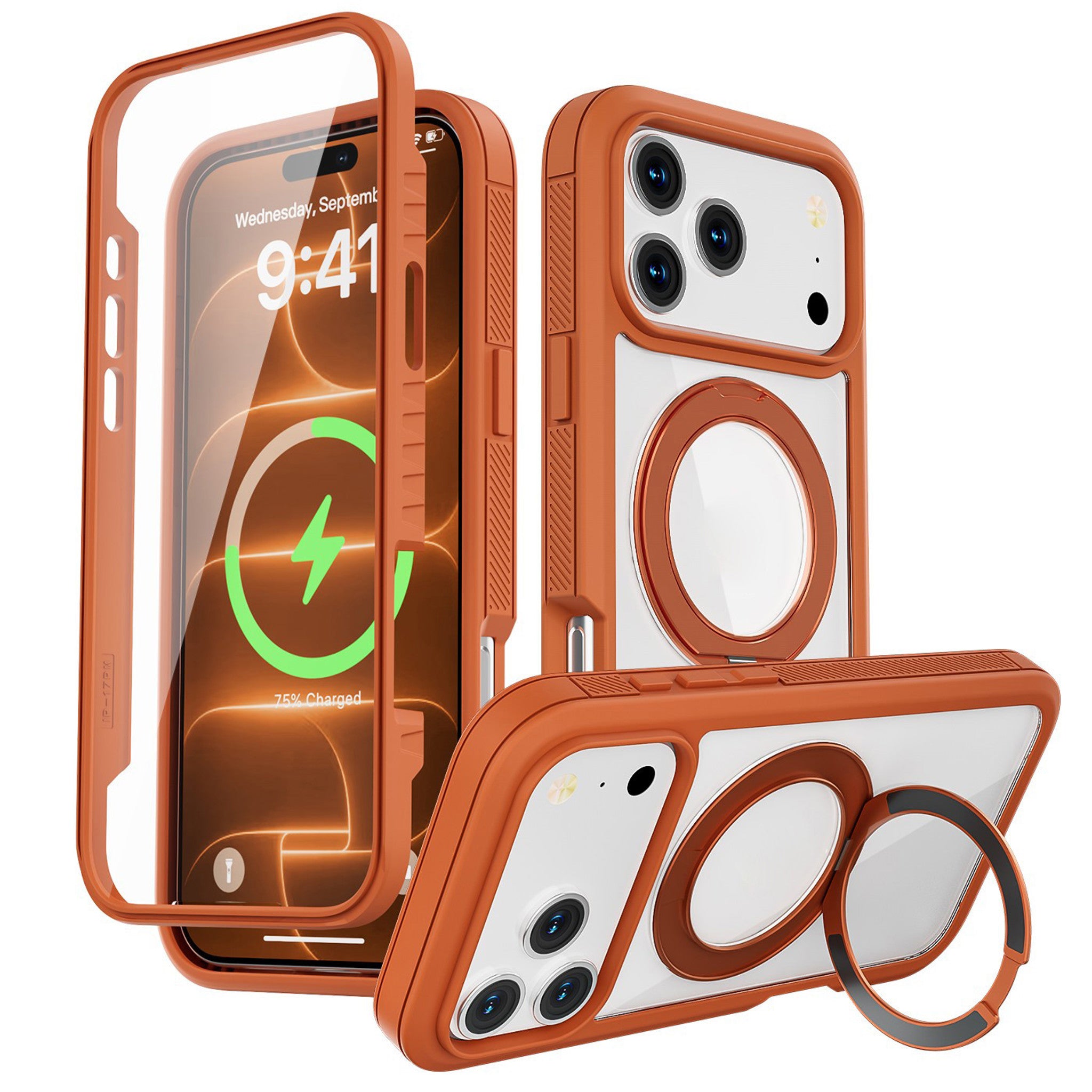 iPhone 18 Pro Max / 17 Pro Max EIDERWOOD Cover m. Skærmbeskyttelse og Ståfunktion - MagSafe Kompatibel - Orange / Gennemsigtig