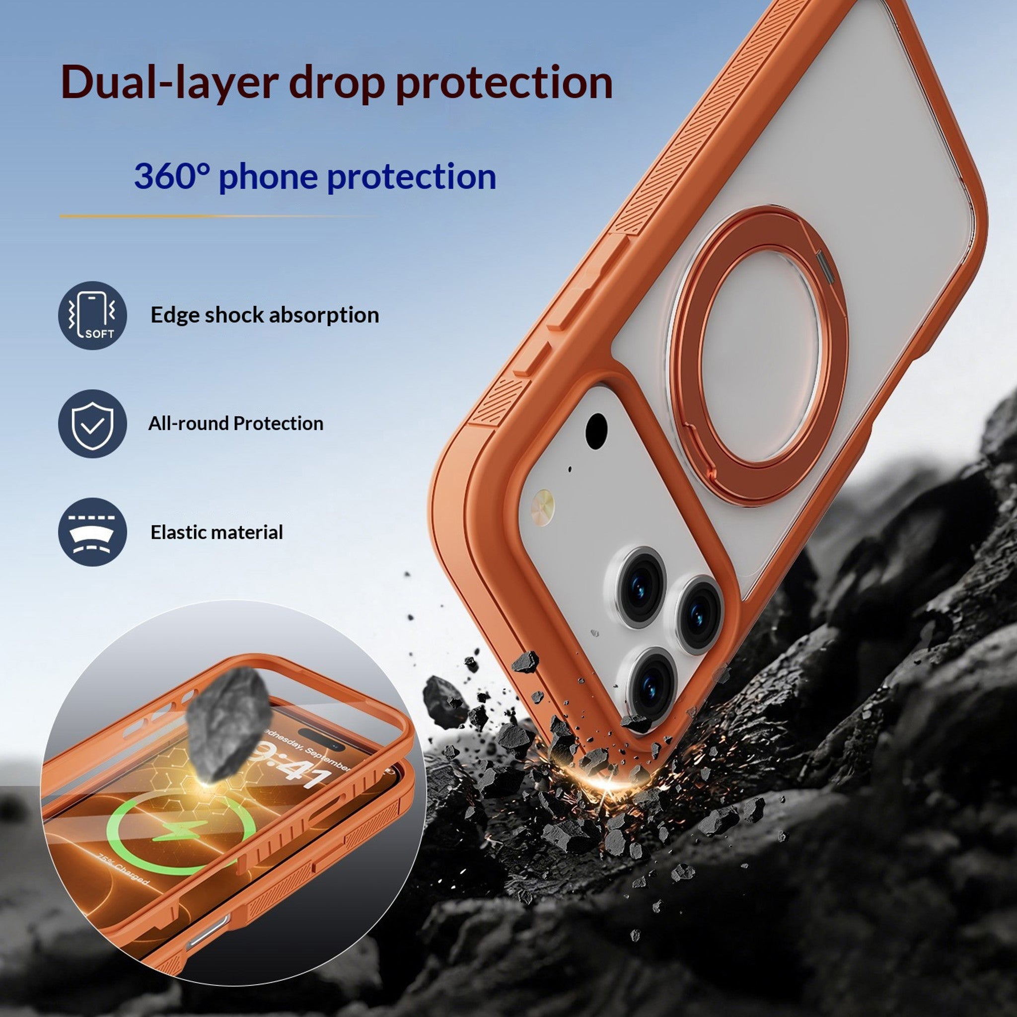 iPhone 18 Pro Max / 17 Pro Max EIDERWOOD Cover m. Skærmbeskyttelse og Ståfunktion - MagSafe Kompatibel - Orange / Gennemsigtig