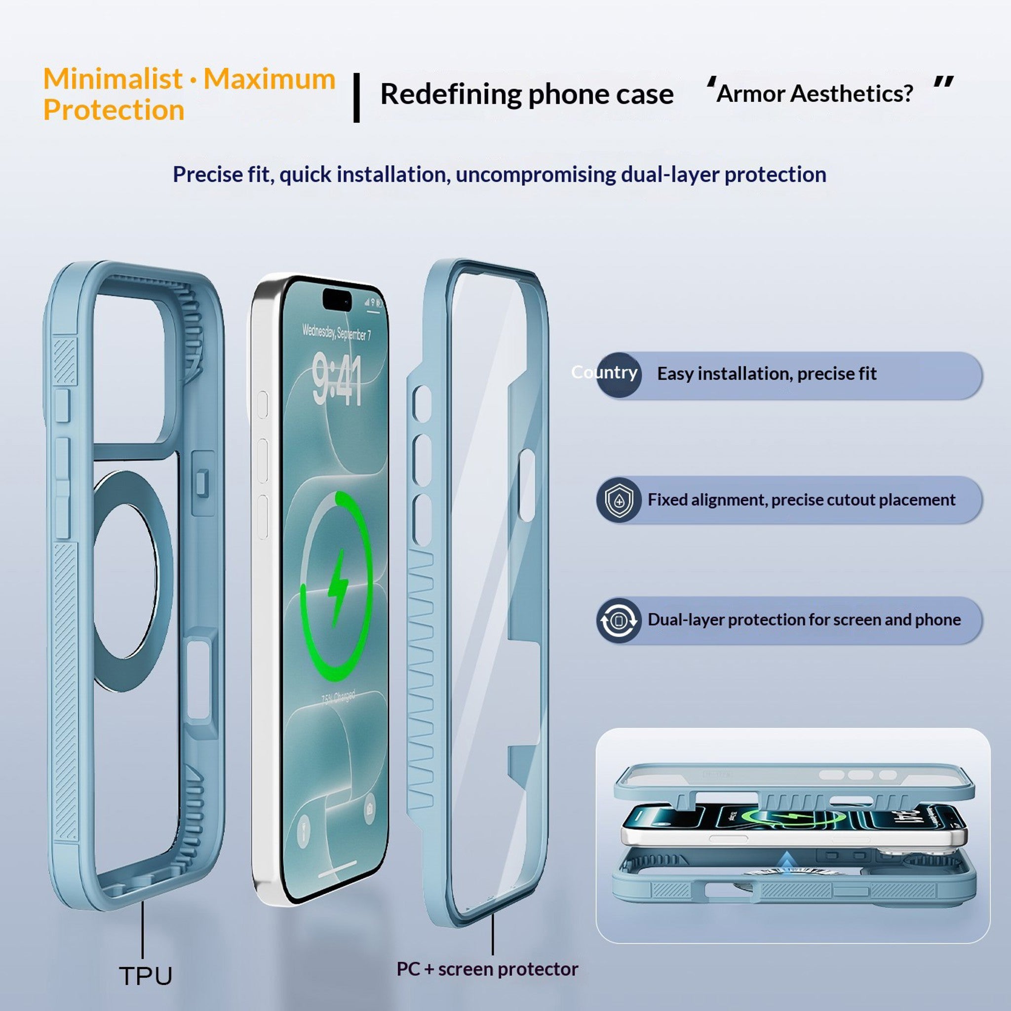 iPhone 18 Pro Max / 17 Pro Max EIDERWOOD Cover m. Skærmbeskyttelse og Ståfunktion - MagSafe Kompatibel - Blå / Gennemsigtig
