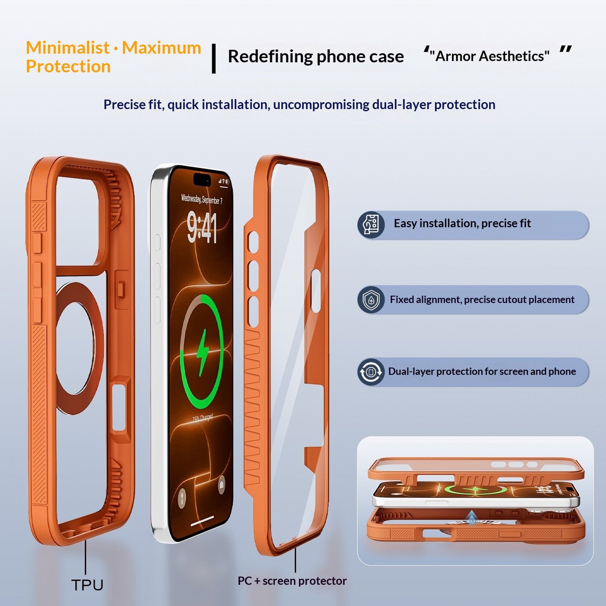 iPhone 18 Pro / 17 Pro EIDERWOOD Cover m. Skærmbeskyttelse og Ståfunktion - MagSafe Kompatibel - Orange / Gennemsigtig