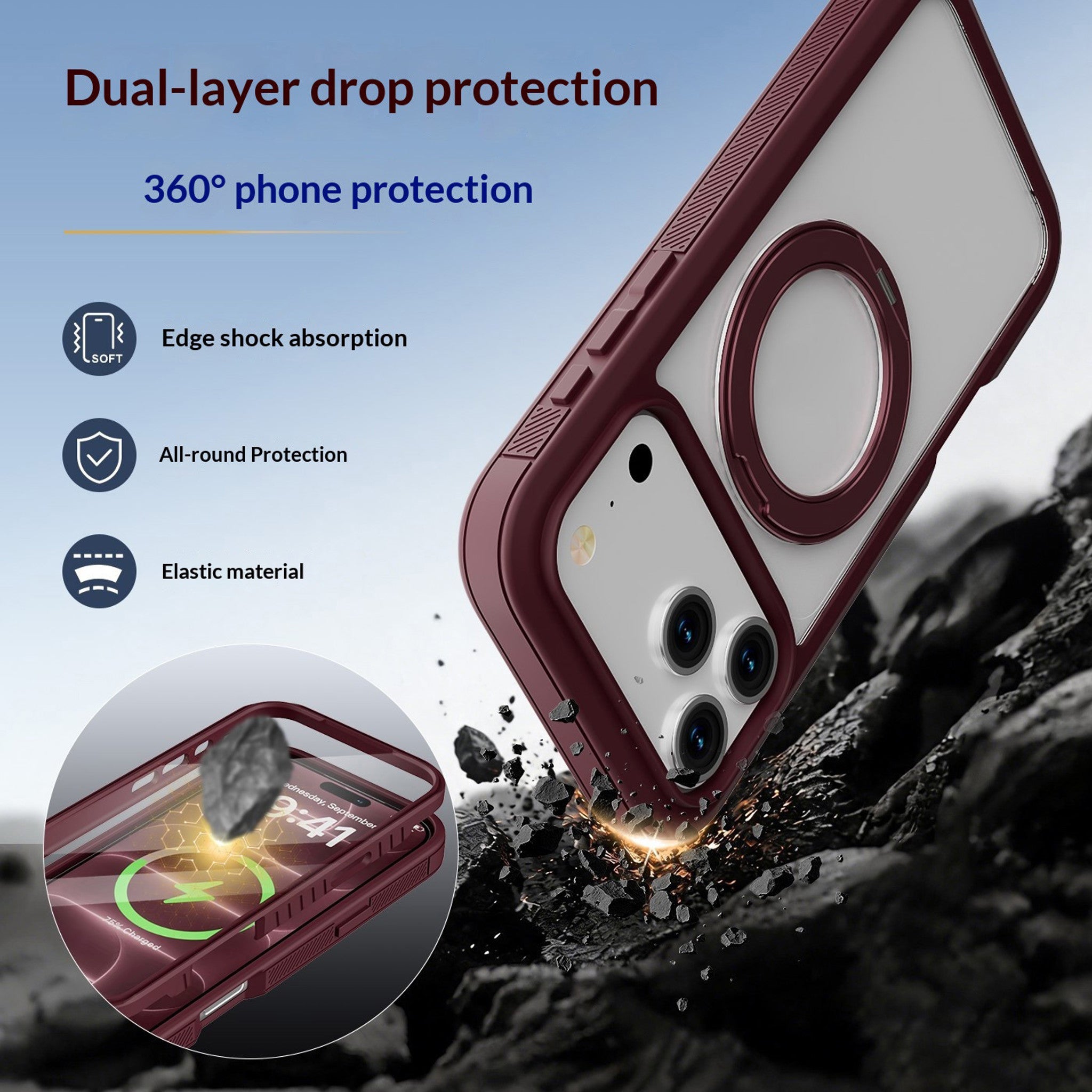 iPhone 18 Pro / 17 Pro EIDERWOOD Cover m. Skærmbeskyttelse og Ståfunktion - MagSafe Kompatibel - Rød / Gennemsigtig