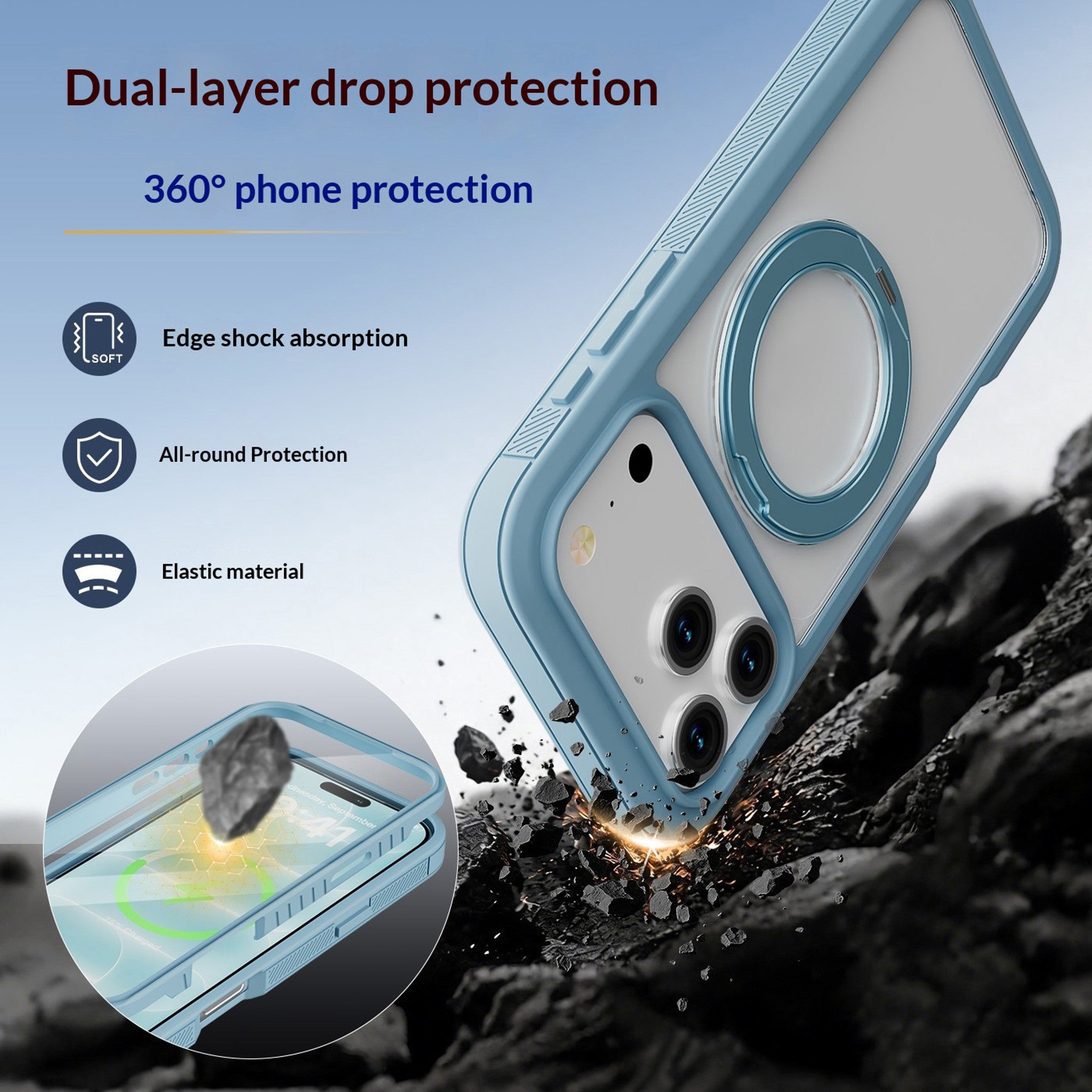 iPhone 18 Pro / 17 Pro EIDERWOOD Cover m. Skærmbeskyttelse og Ståfunktion - MagSafe Kompatibel - Blå / Gennemsigtig