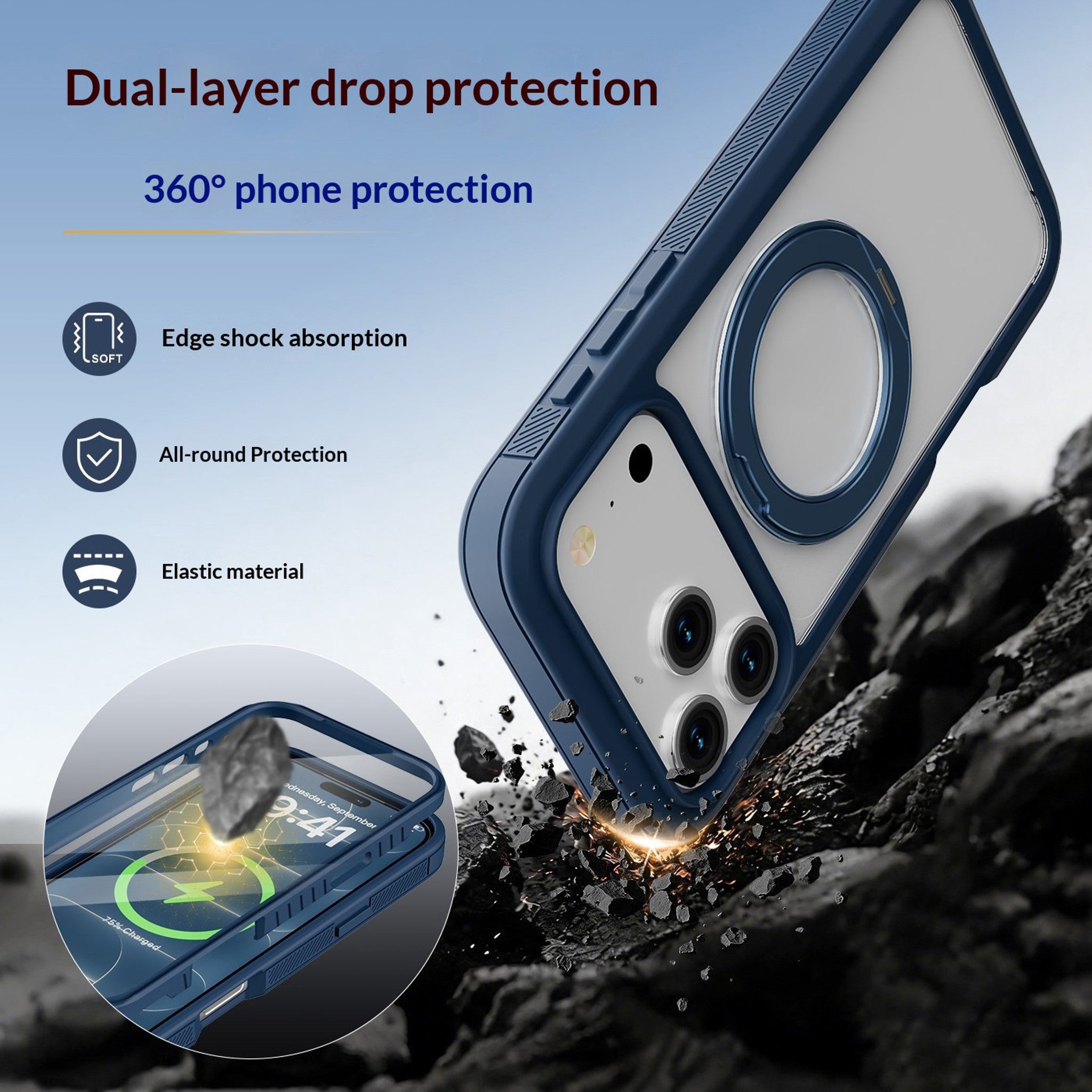 iPhone 18 Pro / 17 Pro EIDERWOOD Cover m. Skærmbeskyttelse og Ståfunktion - MagSafe Kompatibel - Blå / Gennemsigtig