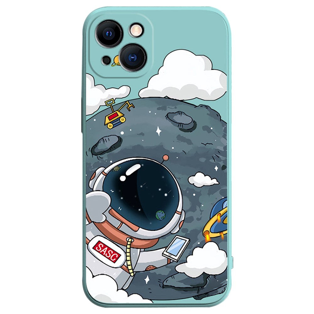 iPhone 14 Fleksibel Cover af Plastik m. Print - Astronaut På Månen / Turkis