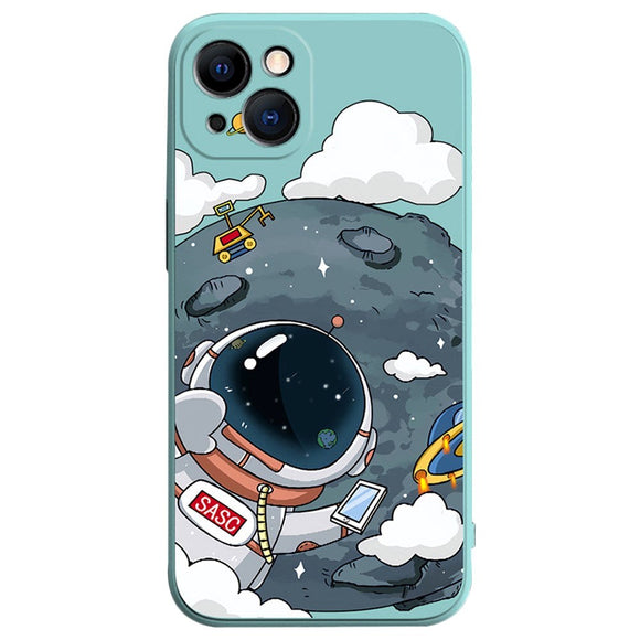 iPhone 14 Fleksibel Cover af Plastik m. Print - Astronaut På Månen / Turkis