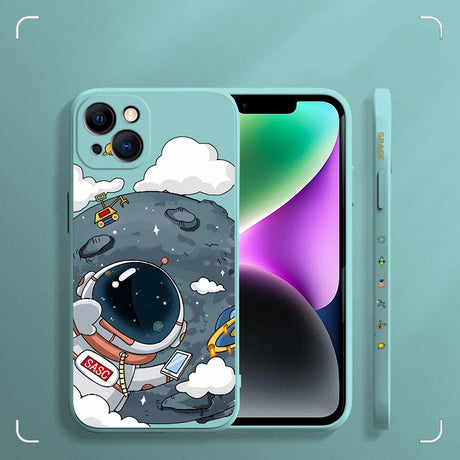 iPhone 14 Plus Fleksibel Cover af Plastik m. Print - Astronaut På Månen / Turkis