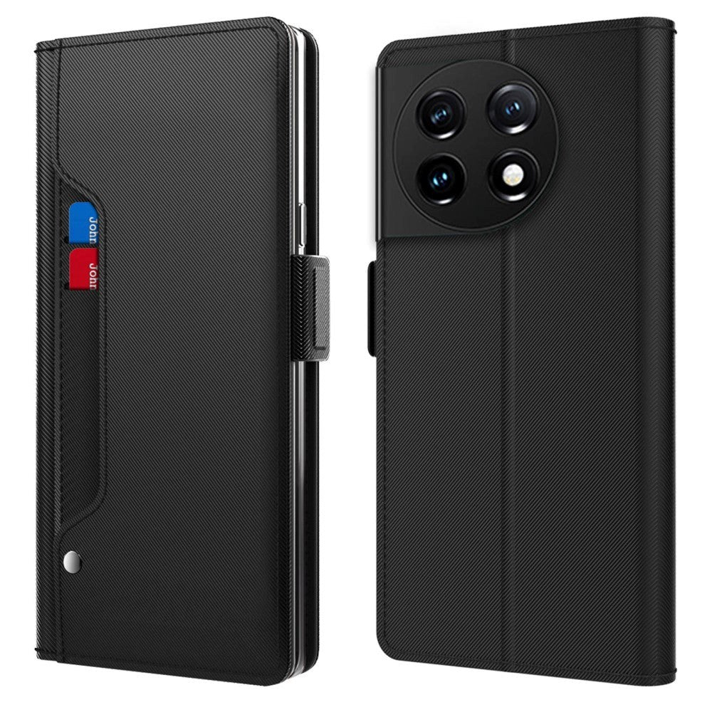 OnePlus 11 Læder Cover m. Ståfunktion & Indbygget Spejl - Sort