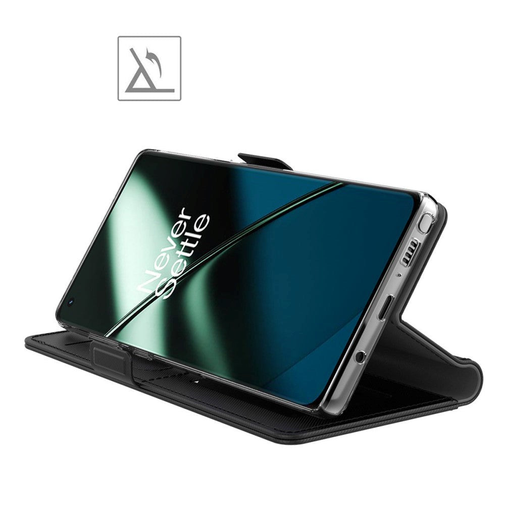 OnePlus 11 Læder Cover m. Ståfunktion & Indbygget Spejl - Sort