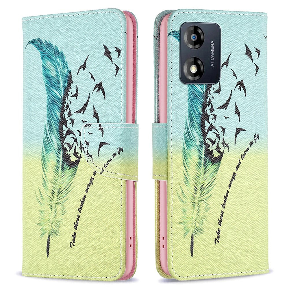 Motorola Moto E13 Læder Cover m. Pung & Print - Fjer