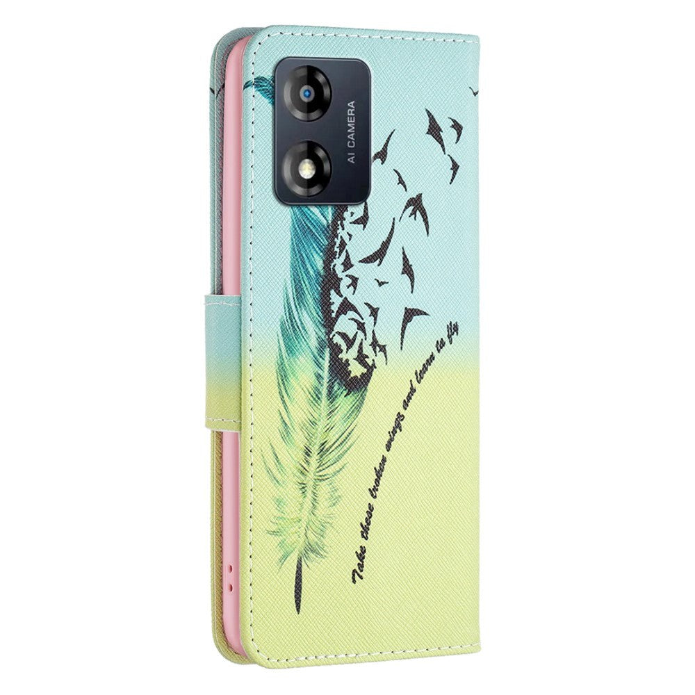 Motorola Moto E13 Læder Cover m. Pung & Print - Fjer