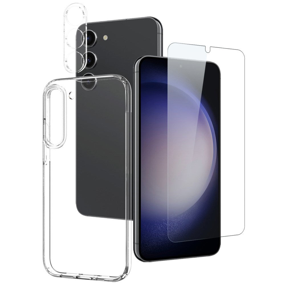 NORTHJO Samsung Galaxy S23 | 3-i-1 360° Beskyttelsessæt m. Cover | Skærmbeskyttelse | Kameralinsebeskyttelse - Gennemsigtig
