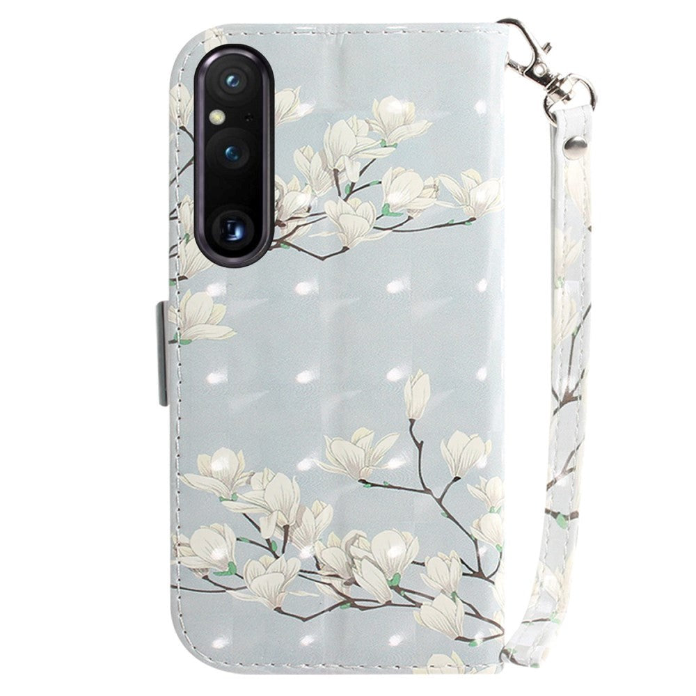 Sony Xperia 1 V Læder Cover m. Print - Magnolia Blomster