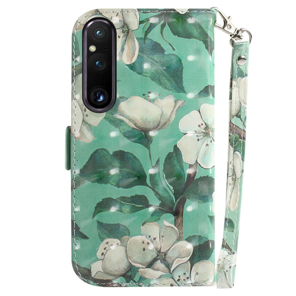 Sony Xperia 1 V Læder Cover m. Print - Hvide Blomster