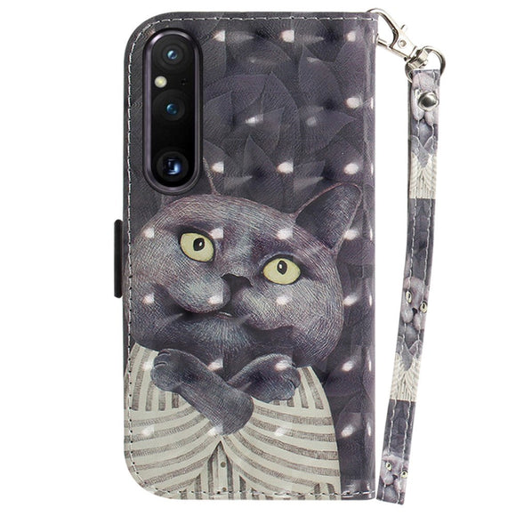 Sony Xperia 1 V Læder Cover m. Print - Grå Kat