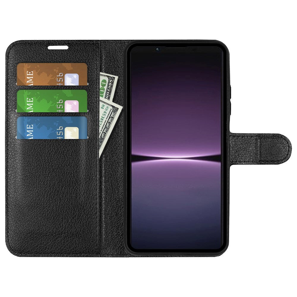 Sony Xperia 1 V Litchi Læder Cover m. Pung - Sort