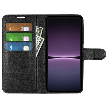 Sony Xperia 1 V Litchi Læder Cover m. Pung - Sort