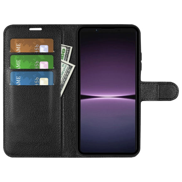 Sony Xperia 1 V Litchi Læder Cover m. Pung - Sort