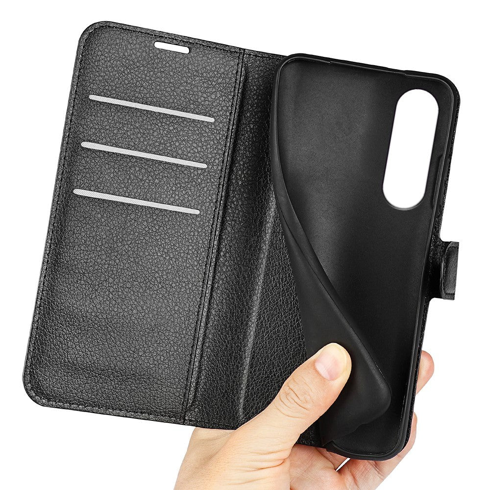 Sony Xperia 1 V Litchi Læder Cover m. Pung - Sort