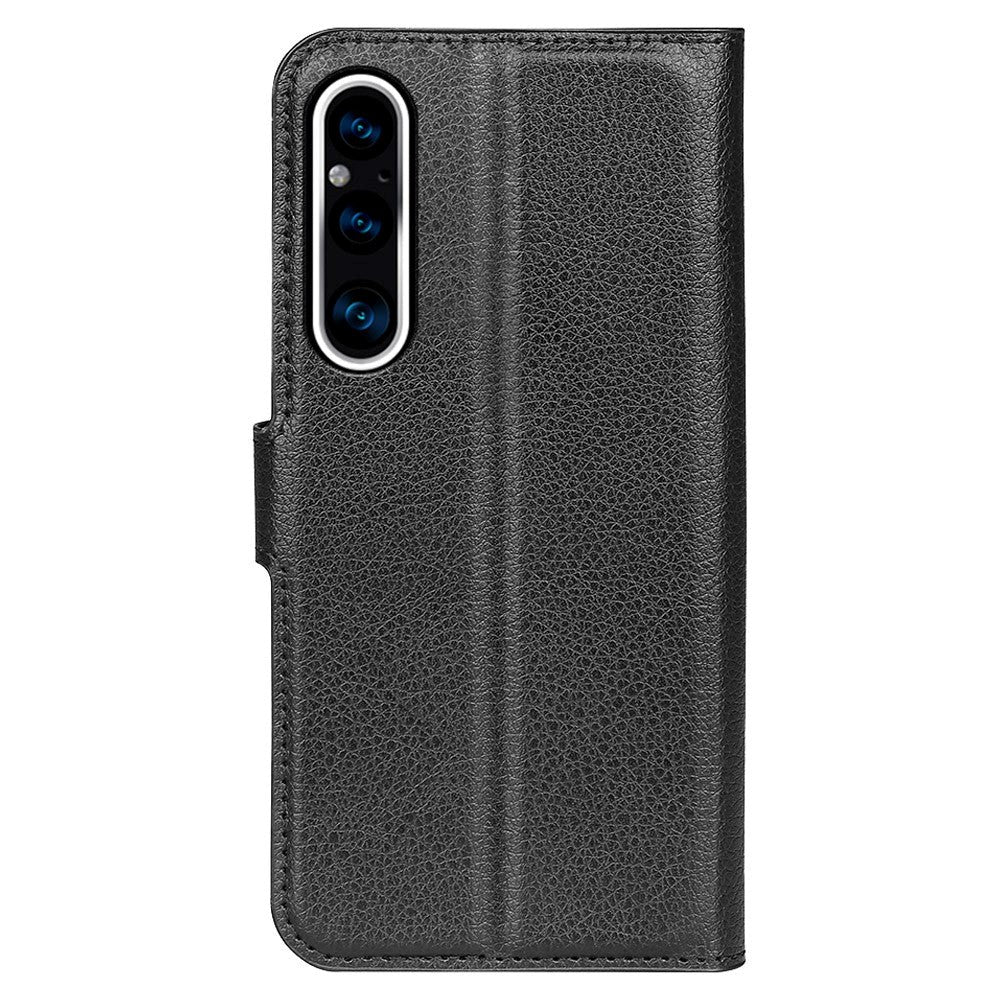 Sony Xperia 1 V Litchi Læder Cover m. Pung - Sort