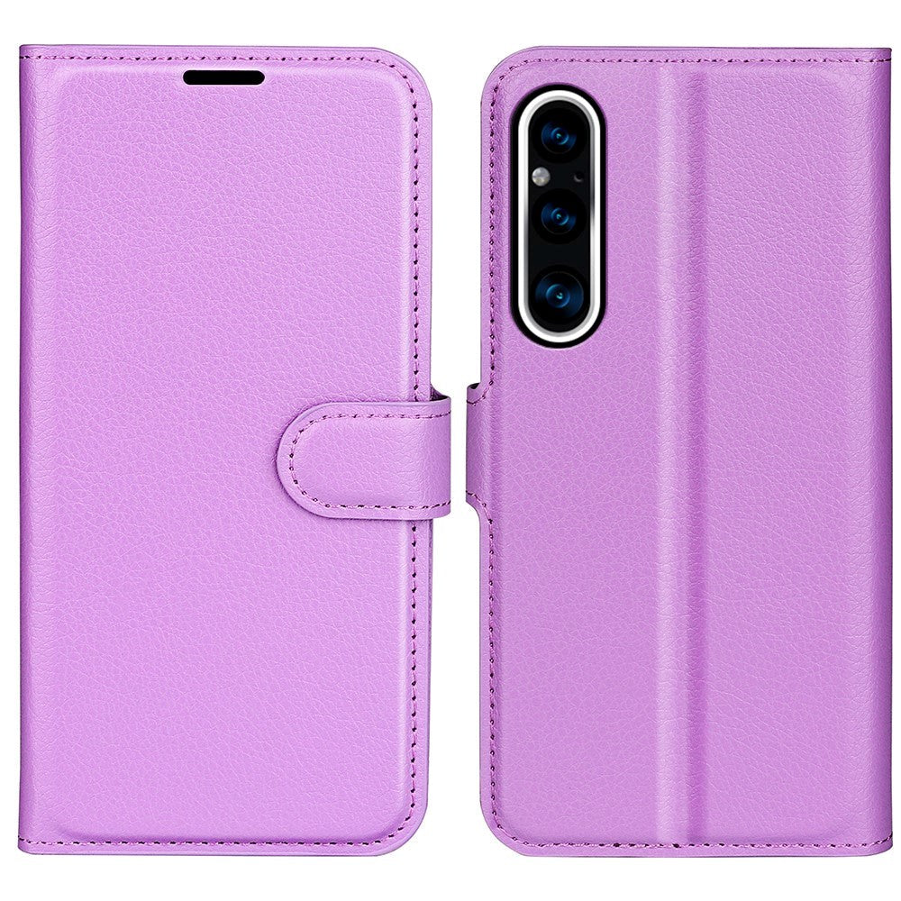 Sony Xperia 1 V Litchi Læder Cover m. Pung - Lilla
