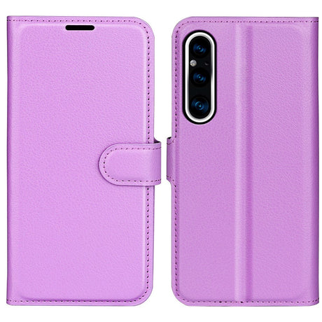 Sony Xperia 1 V Litchi Læder Cover m. Pung - Lilla