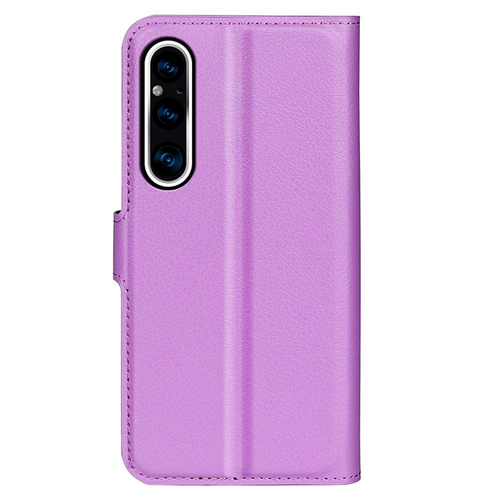 Sony Xperia 1 V Litchi Læder Cover m. Pung - Lilla