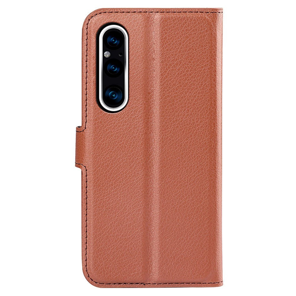 Sony Xperia 1 V Litchi Læder Cover m. Pung - Brun