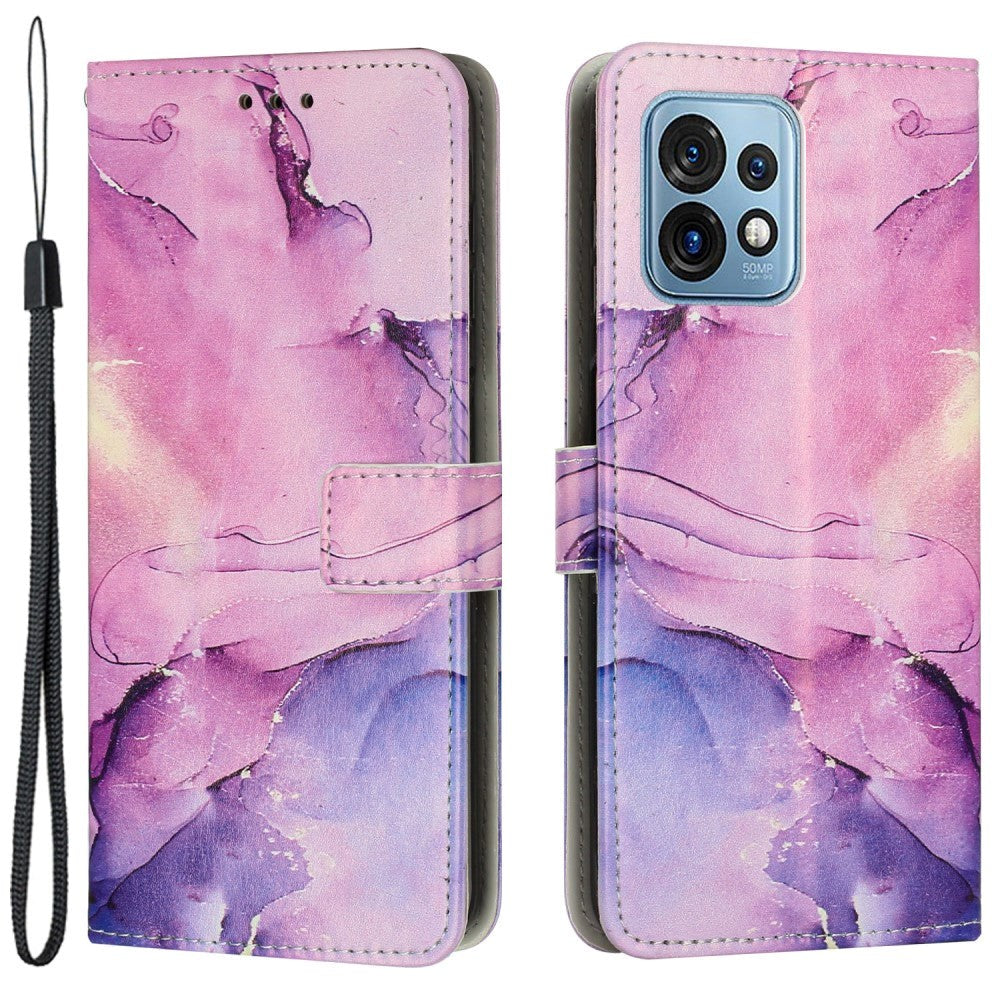 Motorola Edge 40 Pro Blødt Læder Cover m. Pung & Strop - Marmor - Lilla / Lyserød