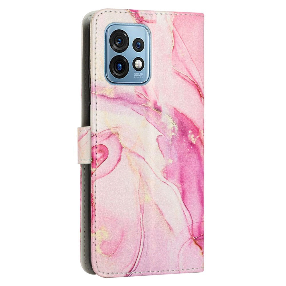 Motorola Edge 40 Pro Blødt Læder Cover m. Pung & Strop - Marmor - Lyserød