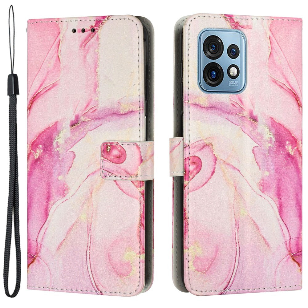Motorola Edge 40 Pro Blødt Læder Cover m. Pung & Strop - Marmor - Lyserød