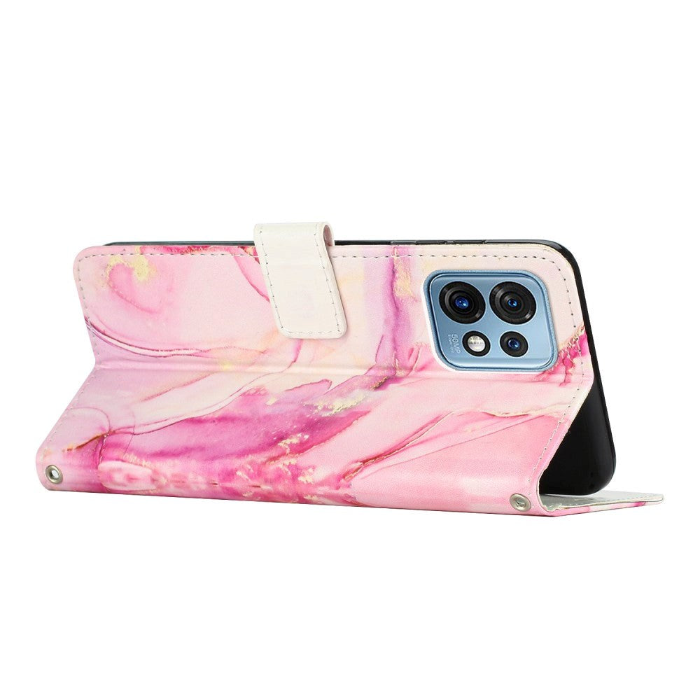 Motorola Edge 40 Pro Blødt Læder Cover m. Pung & Strop - Marmor - Lyserød