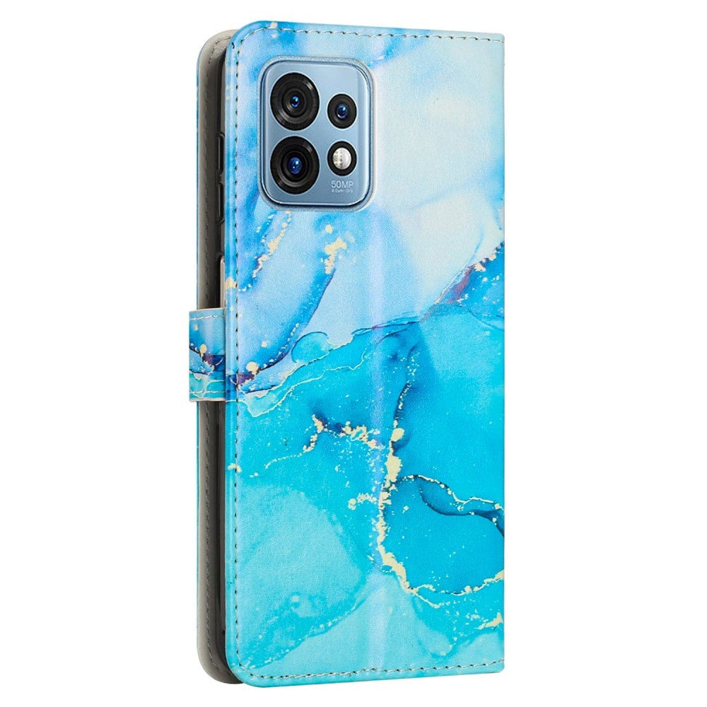 Motorola Edge 40 Pro Blødt Læder Cover m. Pung & Strop - Marmor - Turkis / Blå