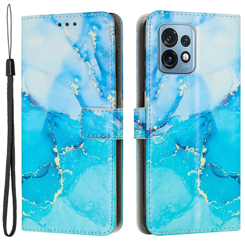 Motorola Edge 40 Pro Blødt Læder Cover m. Pung & Strop - Marmor - Turkis / Blå