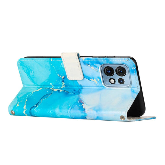 Motorola Edge 40 Pro Blødt Læder Cover m. Pung & Strop - Marmor - Turkis / Blå