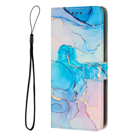 Motorola Edge 40 Pro Blødt Læder Cover m. Pung & Strop - Marmor - Blå / Lyserød