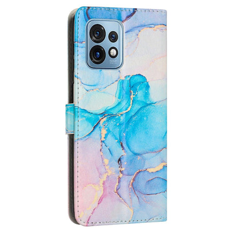 Motorola Edge 40 Pro Blødt Læder Cover m. Pung & Strop - Marmor - Blå / Lyserød