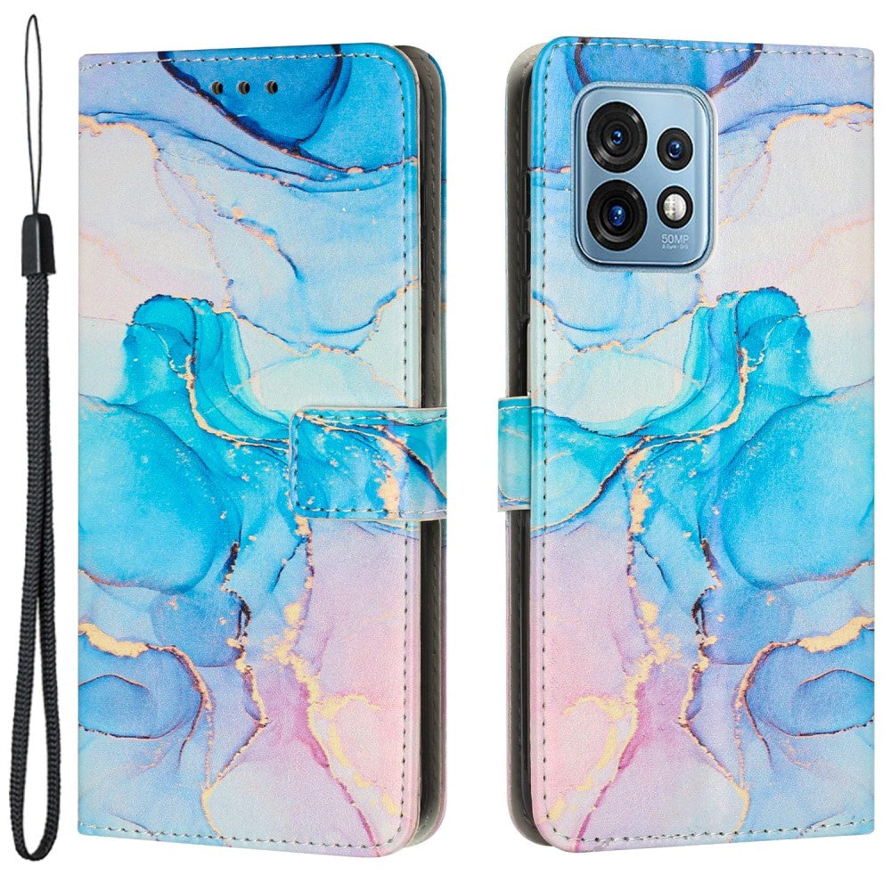 Motorola Edge 40 Pro Blødt Læder Cover m. Pung & Strop - Marmor - Blå / Lyserød