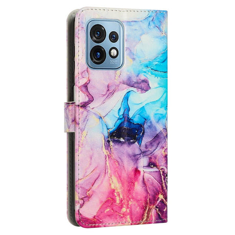 Motorola Edge 40 Pro Blødt Læder Cover m. Pung & Strop - Marmor - Blå / Lyserød / LiIla
